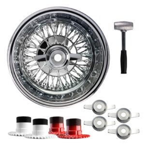 14×7 Reverse 72 Spoke Cross Lace Lowrider Wire Wheels, Zenith Cut Caps, Set Of 4