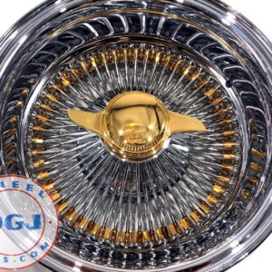 14’s Rev 100 Spokes Chrome Lowrider Wire Wheel Rims With Gold Nipples And Kos