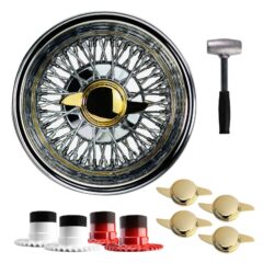 14×7 Reverse 72 Spoke Cross Lace Lowrider Wire Wheels, 2 Bar Gold Caps, Set Of 4