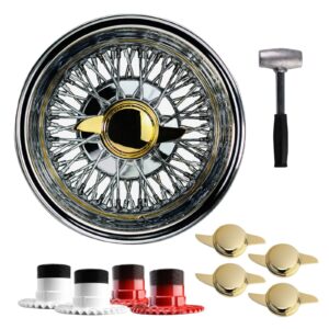 14×7 Reverse 72 Spoke Cross Lace Lowrider Wire Wheels, 2 Bar Gold Caps, Set Of 4