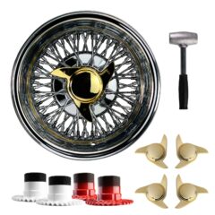 14×7 Reverse 72 Spoke Cross Lace Lowrider Wire Wheels, 3 Bar Gold Caps, Set Of 4