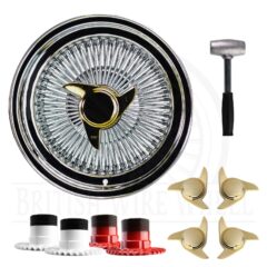15×7 Std 100 Spoke Straight Lace Lowrider Wire Wheels, 3 Bar Gold Caps, Set Of 4