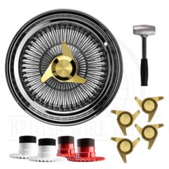 15×7 Std 100 Spoke Straight Lace Lowrider Wire Wheels, 3 Bar Cut Gold Caps, Set