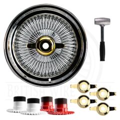 15×7 Std 100 Spoke Straight Lace Lowrider Wire Wheels, Zenith Cut Gold Caps, Set