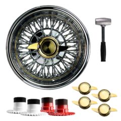 14×7 Reverse 72 Spoke Cross Lace Lowrider Wire Wheels, 2 Bar Cut Gold Caps, Set
