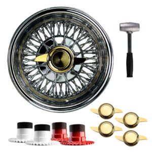 14×7 Reverse 72 Spoke Cross Lace Lowrider Wire Wheels, 2 Bar Cut Gold Caps, Set