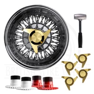 14×7 Reverse 72 Spoke Cross Lace Lowrider Wire Wheels, 3 Bar Cut Gold Caps, Set