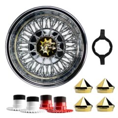 14×7 Reverse 72 Spoke Cross Lace Lowrider Wire Wheels, Bullet Gold Ko Caps, Set