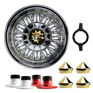 14×7 Reverse 72 Spoke Cross Lace Lowrider Wire Wheels, Bullet Gold Ko Caps, Set