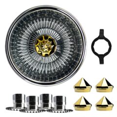 14×7 Rev 100 Spoke Straight Lace Lowrider Wire Wheels, Bullet Gold Ko Caps, Set