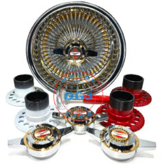 14×7 Zenith Style Lowrider Wire Wheels 100 Spoke Chrome Ring, Gold Nipples & Hub