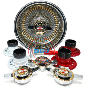 14×7 Zenith Style Lowrider Wire Wheels 100 Spoke Chrome Ring, Gold Nipples & Hub