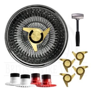 13×7 Rev 100 Spoke Straight Lace Lowrider Wire Wheels, 3 Bar Cut Gold Caps, Set