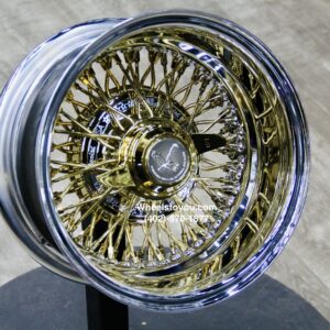 New 13×7″ Gold & Chrome 72 Spoke Cross Lace Lowrider Wire Wheels with Hardware 4