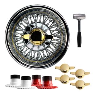 13×7 Reverse 72 Spoke Cross Lace Lowrider Wire Wheels, Zenith Gold Ko Caps, Set