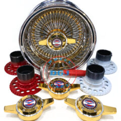 13×7 Zenith Style Lowrider Wire Wheels 100 Spoke Chrome Ring, Gold Nipples & Hub