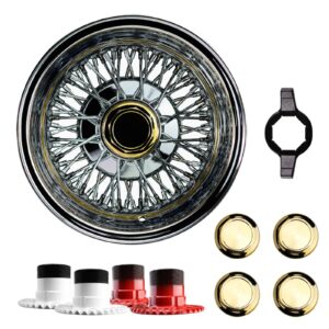 13×7 Reverse 72 Spoke Cross Lace Lowrider Wire Wheels, Hex Cut Gold Ko Caps, Set