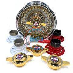 13×7 Zenith Style Lowrider Wire Wheels 72 Spokes Chrome Ring, Gold Nipples & Hub
