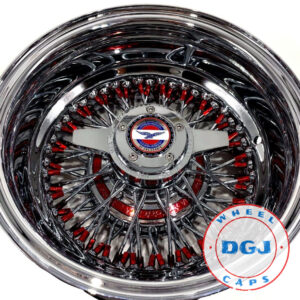 13×7 Rev Zenith Style Chrome Lowrider Wire Wheels w/ Red Nipples & Red Hub Ring