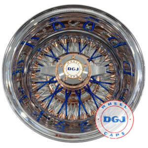 DGJ 13×7 Rev 72 CL Diamond Spokes, Candy Blue & Rose Gold Lowrider Wire Wheels